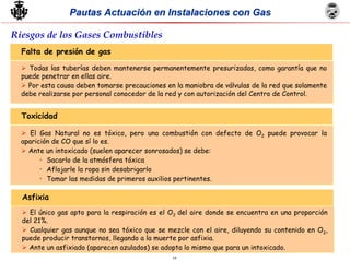 18
Pautas Actuación en Instalaciones con GasPautas Actuación en Instalaciones con Gas
Riesgos de los Gases Combustibles
Todas las tuberías deben mantenerse permanentemente presurizadas, como garantía que no
puede penetrar en ellas aire.
Por esta causa deben tomarse precauciones en la maniobra de válvulas de la red que solamente
debe realizarse por personal conocedor de la red y con autorización del Centro de Control.
Falta de presión de gas
El Gas Natural no es tóxico, pero una combustión con defecto de O2 puede provocar la
aparición de CO que sí lo es.
Ante un intoxicado (suelen aparecer sonrosados) se debe:
• Sacarlo de la atmósfera tóxica
• Aflojarle la ropa sin desabrigarlo
• Tomar las medidas de primeros auxilios pertinentes.
Toxicidad
El único gas apto para la respiración es el O2 del aire donde se encuentra en una proporción
del 21%.
Cualquier gas aunque no sea tóxico que se mezcle con el aire, diluyendo su contenido en O2,
puede producir transtornos, llegando a la muerte por asfixia.
Ante un asfixiado (aparecen azulados) se adopta lo mismo que para un intoxicado.
Asfixia
 