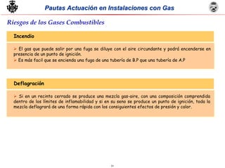 19
Pautas Actuación en Instalaciones con GasPautas Actuación en Instalaciones con Gas
Riesgos de los Gases Combustibles
El gas que puede salir por una fuga se diluye con el aire circundante y podrá encenderse en
presencia de un punto de ignición.
Es más facil que se encienda una fuga de una tubería de B.P que una tubería de A.P
Incendio
Si en un recinto cerrado se produce una mezcla gas-aire, con una composición comprendida
dentro de los límites de inflamabilidad y si en su seno se produce un punto de ignición, toda la
mezcla deflagrará de una forma rápida con los consiguientes efectos de presión y calor.
Deflagración
 