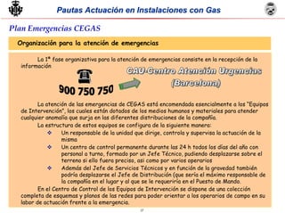 27
Pautas Actuación en Instalaciones con GasPautas Actuación en Instalaciones con Gas
Organización para la atención de emergencias
La 1ª fase organizativa para la atención de emergencias consiste en la recepción de la
información
La atención de las emergencias de CEGAS está encomendada esencialmente a los “Equipos
de Intervención”, los cuales están dotados de los medios humanos y materiales para atender
cualquier anomalía que surja en las diferentes distribuciones de la compañía.
La estructura de estos equipos se configura de la siguiente manera:
Un responsable de la unidad que dirige, controla y supervisa la actuación de la
misma
Un centro de control permanente durante las 24 h todos los días del año con
personal a turno, formado por un Jefe Técnico, pudiendo desplazarse sobre el
terreno si ello fuera preciso, asi como por varios operarios
Además del Jefe de Servicios Técnicos y en función de la gravedad también
podría desplazarse el Jefe de Distribución (que sería el máximo responsable de
la compañía en el lugar y al que se le requeriría en el Puesto de Mando.
En el Centro de Control de los Equipos de Intervención se dispone de una colección
completa de esquemas y planos de las redes para poder orientar a los operarios de campo en su
labor de actuación frente a la emergencia.
Plan Emergencias CEGAS
 