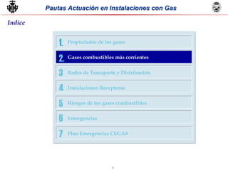 5
Pautas Actuación en Instalaciones con GasPautas Actuación en Instalaciones con Gas
Indice
2.
3
4
5
6
7
1. Propiedades de los gases
Gases combustibles más corrientes
Redes de Transporte y Distribución
Instalaciones Receptoras
Riesgos de los gases combustibles
Emergencias
Plan Emergencias CEGAS
 
