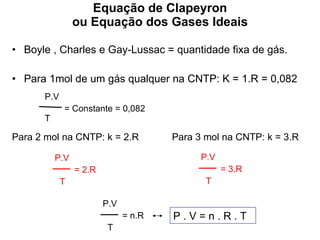 Equação de Clapeyron ou Equação dos Gases Ideais Boyle , Charles e Gay-Lussac = quantidade fixa de gás. Para 1mol de um gás qualquer na CNTP: K = 1.R = 0,082 Para 2 mol na CNTP: k = 2.R   Para 3 mol na CNTP: k = 3.R P.V  = Constante = 0,082 T P.V  = 2.R T P.V  = 3.R T P.V  = n.R T P . V = n . R . T 