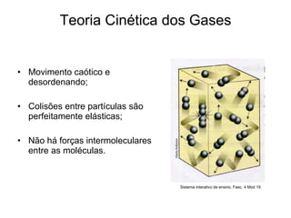 Teoria Cinética dos Gases Movimento caótico e desordenando; Colisões entre partículas são perfeitamente elásticas; Não há forças intermoleculares entre as moléculas. Sistema interativo de ensino, Fasc. 4 Mod 19 