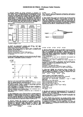 EXERCÍCIOS DE FÍSICA - Professor Fabio Teixeira
                                             GASES

1. (Unifesp 2006) A figura reproduz o esquema da            d) 60%            e) 75%
montagem feita por Robert Boyle para estabelecer a lei
dos gases para transformações isotérmicas. Boyle            Obs: Considere que a temperatura permanece constante e
                                                            o CO‚, nessas condições, comporta-se como um gás perfeito
colocou no tubo uma certa quantidade de mercúrio, até       1 atm = 10¦ N/m£
aprisionar um determinado volume de ar no ramo fechado,
e igualou os níveis dos dois ramos. Em seguida, passou a
acrescentar mais mercúrio no ramo aberto e a medir, no      5. (Ufpe 2005) Uma panela de pressão com volume interno
outro ramo, o volume do ar aprisionado (em unidades
arbitrárias) e a correspondente pressão pelo desnível da    de 3,0 litros e contendo 1,0 litro de água é levada ao
coluna de mercúrio, em polegadas de mercúrio. Na tabela,    fogo. No equilíbrio térmico, a quantidade de vapor de
estão alguns dos dados por ele obtidos, de acordo com a     água que preenche o espaço restante é de 0,2 mol. A
sua publicação "New Experiments Physico-Mechanicall,        válvula de segurança da panela vem ajustada para que
                                                            a pressão interna não ultrapasse 4,1 atm. Considerando o
Touching the Spring of Air, and its Effects", de 1662.      vapor de água como um gás ideal e desprezando o pequeno
         (http://chemed.chem.purdue.edu/gench               volume de água que se transformou em vapor, calcule a
m/history/)                                                 temperatura, em 10£ K, atingida dentro da panela.




a) Todos os resultados obtidos por Boyle, com uma
pequena aproximação, confirmaram a sua lei. Que
resultados foram esses? Justifique.                         a) 4,0 b) 4,2    c) 4,5   d) 4,7   e) 5,0
b) De acordo com os dados da tabela, qual a pressão, em
pascal, do ar aprisionado no tubo para o volume de 24
unidades arbitrárias?                                       6. (Fuvest 2004) Um cilindro de Oxigênio hospitalar (O‚),
Utilize para este cálculo:                                  de 60 litros, contém, inicialmente, gás a uma pressão de
                                                            100 atm e temperatura de 300 K. Quando é utilizado
pressão atmosférica p³ = 1,0 × 10¦ pascal;                  para a respiração de pacientes, o gás passa por um
densidade do mercúrio d(Hg) = 14 × 10¤ kg/m¤;               redutor de pressão, regulado para fornecer Oxigênio a 3
                                                            atm, nessa mesma temperatura, acoplado a um medidor de
g = 10 m/s£.                                                fluxo, que indica, para essas condições, o consumo de
                                                            Oxigênio em litros/minuto.
2. (Ufsc 2007) Uma amostra de dois moles de um gás ideal    Assim, determine:
sofre uma transformação ao passar de um estado i para       a) O número N³ de mols de O‚, presentes inicialmente no
um estado f, conforme o gráfico a seguir:                   cilindro.
                                                            b) O número n de mols de O‚, consumidos em 30
                                                            minutos de uso, com o medidor de fluxo indicando 5
                                                            litros/minuto.
                                                            c) O intervalo de tempo t, em horas, de utilização do O‚,
                                                            mantido o fluxo de 5 litros/minuto, até que a pressão
                                                            interna no cilindro fique reduzida a 40 atm.
                                                            NOTE E ADOTE:
                                                            Considere o O‚ como gás ideal.
                                                            Suponha a temperatura constante e igual a 300 K.
                                                            A constante dos gases ideais R ¸ 8 x 10£ litros.atm/K.
                                                            7. (Puccamp 2002) Um recipiente rígido contém gás
                                                            perfeito sob pressão de 3 atm. Sem deixar variar a
                                                            temperatura, são retirados 4 mols do gás, fazendo com
                                                            que a pressão se reduza a 1 atm. O número de mols
                                                            existente inicialmente no recipiente era
                                                            a) 6     b) 8      c) 10   d) 12     e) 16
                                                            TEXTO PARA A PRÓXIMA QUESTÃO
                                                            (Uerj 2007) Aceleração da gravidade = 10 m/s£
                                                            Calor específico do ar = 1,0 × 10¤ J/kgK
                                                            Constante da gravitação universal = 6,7 × 10¢¢
                                                            Nm£/kg£
Assinale a(s) proposição(ões) CORRETA(S).                   Densidade do ar = 1,25 gk/m¤
                                                            Índice de refração da água = 1,33 ¸ 4/3
(01) A transformação representada no gráfico ocorre         Índice de refração do ar = 1
sem que nenhum trabalho seja realizado.
(02) Sendo de 100 Joules a variação da energia interna      Massa do Sol = 2,0 × 10¤¡ kg
do gás do estado i até f, então o calor que fluiu na        Raio médio da órbita do Sol = 3,0 × 10£¡m
transformação foi de 1380 Joules.                           1 ano = 3,14 × 10¨ s
(04) Certamente o processo ocorreu de forma isotérmica,
pois a pressão e o volume variaram, mas o número de         1 rad = 57°
moles permaneceu constante.                                 sen 48,75°= 0,75
(08) A primeira lei da Termodinâmica nos assegura que o     ™ = 3,14
processo ocorreu com fluxo de calor.
(16) Analisando o gráfico, conclui-se que o processo é      8. Um gás, inicialmente à temperatura de 16 °C, volume V³
adiabático.                                                 e pressão P³, sofre uma descompressão e, em seguida, é
                                                            aquecido até alcançar uma determinada temperatura
3. (Ufg 2006) Uma caixa térmica rígida e hermeticamente     final T, volume V e pressão P.
fechada contém um mol de ar a 27°C e 1 atm. Se 100 g de     Considerando que V e P sofreram um aumento de cerca de
mercúrio a 327°C forem injetados na caixa, calcule a        10% em relação a seus valores iniciais, determine, em
pressão e a temperatura do ar após o equilíbrio térmico     graus Celsius, o valor de T.
ter sido atingido. Despreze a capacidade térmica da caixa
e a variação de volume do ar com a injeção do mercúrio.
Dados: calor molar do ar a volume constante = 21 J/mol      9. (Ufrj 2007) Um recipiente de volume interno total
K; calor específico do mercúrio líquido = 0,14 J/g K.       igual a V³ está dividido em dois compartimentos estanques
                                                            por meio de uma parede fina que pode se mover sem atrito
4. (Fuvest 2006) Um extintor de incêndio cilíndrico,        na direção horizontal, como indica a figura a seguir.
contendo CO‚, possui um medidor de pressão interna que,     A parede é diatérmica, isto é, permeável ao calor. O
inicialmente, indica 200 atm. Com o tempo, parte do gás     compartimento da direita contém dois moles de um gás
escapa, o extintor perde pressão e precisa ser              ideal, enquanto o da esquerda contém um mol de um outro
recarregado. Quando a pressão interna for igual a 160       gás, também ideal.
atm, a porcentagem da massa inicial de gás que terá
escapado corresponderá a:
a) 10%             b) 20%         c) 40%
 