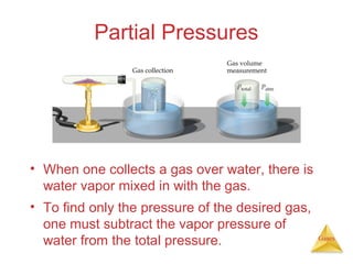 Partial Pressures

• When one collects a gas over water, there is
water vapor mixed in with the gas.
• To find only the pressure of the desired gas,
one must subtract the vapor pressure of
water from the total pressure.

Gases

 
