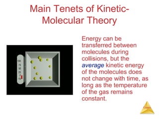 Main Tenets of KineticMolecular Theory
Energy can be
transferred between
molecules during
collisions, but the
average kinetic energy
of the molecules does
not change with time, as
long as the temperature
of the gas remains
constant.
Gases

 