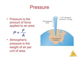 Pressure
• Pressure is the
amount of force
applied to an area.

F
P=
A
• Atmospheric
pressure is the
weight of air per
unit of area.

Gases

 