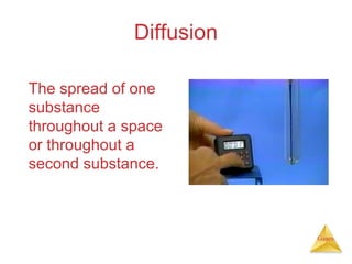 Diffusion
The spread of one
substance
throughout a space
or throughout a
second substance.

Gases

 
