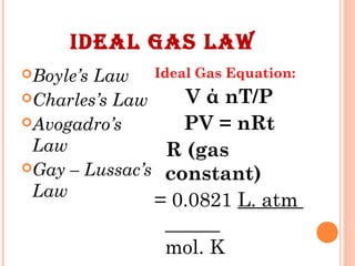 IDEAL GAS LAW
Boyle’s Law
Charles’s Law
Avogadro’s
Law
Gay – Lussac’s
Law
Ideal Gas Equation:
V ά nT/P
PV = nRt
R (gas
constant)
= 0.0821 L. atm
mol. K
 