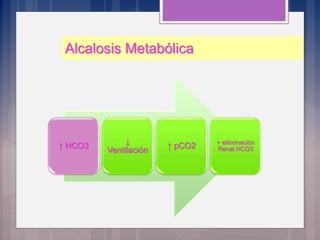 Alcalosis Metabólica
↑ HCO3
↓
Ventilación
↑ pCO2 + eliiminación
Renal HCO3
 