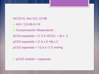 HCO3=5, Na=123, Cl=99
 AG= 123-99-5=19
 Compensación Respiratoria :
pCO2 esperada = [1.5 X HCO3- + 8] ± 2
pCO2 esperada = [1.5 x 5 +8] ± 2
pCO2 esperada = 13.5 a 17.5 mmHg
 pCO2 medido < esperado
 