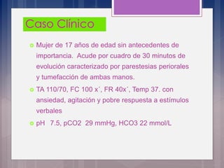  Mujer de 17 años de edad sin antecedentes de
importancia. Acude por cuadro de 30 minutos de
evolución caracterizado por parestesias periorales
y tumefacción de ambas manos.
 TA 110/70, FC 100 x´, FR 40x´, Temp 37. con
ansiedad, agitación y pobre respuesta a estímulos
verbales
 pH 7.5, pCO2 29 mmHg, HCO3 22 mmol/L
 