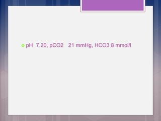  pH 7.20, pCO2 21 mmHg, HCO3 8 mmol/l
 