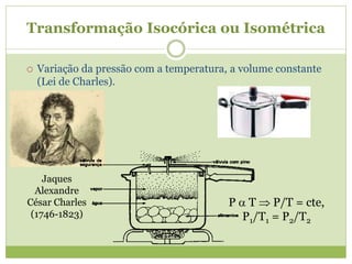 Transformação Isocórica ou Isométrica
 Variação da pressão com a temperatura, a volume constante
(Lei de Charles).
Jaques
Alexandre
César Charles
(1746-1823)
P  T  P/T = cte,
P1/T1 = P2/T2
 