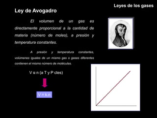 Leyes de los gases
Ley de Avogadro
          El    volumen       de    un     gas     es
directamente proporcional a la cantidad de
materia (número de moles), a presión y
temperatura constantes.

          A    presión   y   temperatura   constantes,
volúmenes iguales de un mismo gas o gases diferentes
contienen el mismo número de moléculas.




                                                    V (L)
          V α n (a T y P ctes)




               V = k.n


                                                                     n
 