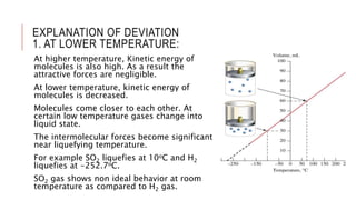 EXPLANATION OF DEVIATION
1. AT LOWER TEMPERATURE:
At higher temperature, Kinetic energy of
molecules is also high. As a result the
attractive forces are negligible.
At lower temperature, kinetic energy of
molecules is decreased.
Molecules come closer to each other. At
certain low temperature gases change into
liquid state.
The intermolecular forces become significant
near liquefying temperature.
For example SO2 liquefies at 10oC and H2
liquefies at -252.7oC.
SO2 gas shows non ideal behavior at room
temperature as compared to H2 gas.
 