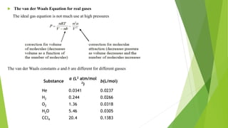  The van der Waals Equation for real gases
The ideal gas equation is not much use at high pressures
The van der Waals constants a and b are different for different gasses
Substance
a (L2 atm/mol
2)
b(L/mol)
He 0.0341 0.0237
H2 0.244 0.0266
O2 1.36 0.0318
H2O 5.46 0.0305
CCl4 20.4 0.1383
 