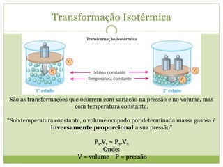 Transformação Isotérmica
São as transformações que ocorrem com variação na pressão e no volume, mas
com temperatura constante.
“Sob temperatura constante, o volume ocupado por determinada massa gasosa é
inversamente proporcional a sua pressão”
P1.V1 = P2.V2
Onde:
V = volume P = pressão
 