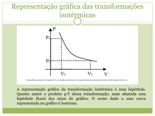 Representação gráfica das transformações
isotérmicas
A representação gráfica da transformação isotérmica é uma hipérbole.
Quanto maior o produto p.V dessa transformação, mais afastada essa
hipérbole ficará dos eixos do gráfico. O nome dado a essa curva
representada no gráfico é Isoterma.
 