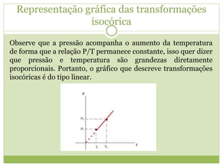 Representação gráfica das transformações
isocórica
Observe que a pressão acompanha o aumento da temperatura
de forma que a relação P/T permanece constante, isso quer dizer
que pressão e temperatura são grandezas diretamente
proporcionais. Portanto, o gráfico que descreve transformações
isocóricas é do tipo linear.
 