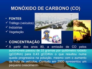 MONÓXIDO DE CARBONO (CO)
• FONTES
 Tráfego (veículos)
 Indústrias
 Vegetação

• CONCENTRAÇÃO
 A partir dos anos 80, a emissão de CO pelos
automóveis passou de 33 gramas por quilômetro rodado
(gCO/Km) para 0,43 gCO/Km o que resultou numa
queda progressiva na poluição, mesmo com o aumento
da frota de veículos. Contudo em 2000 apresentou um
pequeno crescimento.

 
