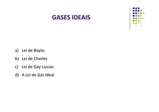 GASES IDEAIS
a)
a) Lei
Lei de
de Boyle
Boyle;
;
b)
b) Lei
Lei de
de Charles
Charles
b)
b) Lei
Lei de
de Charles
Charles
c)
c) Lei
Lei de
de Gay
Gay-
-Lussac
Lussac
d)
d) A
A Lei
Lei do
do Gás
Gás Ideal
Ideal
 