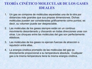 TEORÍA CINÉTICO MOLECULAR DE LOS GASES
IDEALES
1. Un gas se compone de moléculas separadas una de la otra por
distancias más grandes que sus propias dimensiones. Dichas
moléculas pueden ser consideradas gráficamente como puntos; es
decir, su volumen puede ser despreciable.
2. Las moléculas de los gases siempre están en un continuo
movimiento desordenado y chocando en todas direcciones unas con
otras. Los choques entre las moléculas del gas son perfectamente
elásticos.
3. Las moléculas de los gases no ejercen fuerzas de atracción o
repulsión entre ellas.
4. La energía cinética promedio de las moléculas del gas es
directamente proporcional a su temperatura absoluta. Cualquier
gas a la misma temperatura tiene la misma energía cinética.
 
