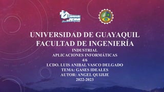 UNIVERSIDAD DE GUAYAQUIL
FACULTAD DE INGENIERÍA
INDUSTRIAL
APLICACIONES INFORMÁTICAS
4/6
LCDO. LUIS ANIBAL VASCO DELGADO
TEMA: GASES IDEALES
AUTOR: ANGEL QUIJIJE
2022-2023
 
