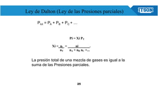 25
Ley de Dalton (Ley de las Presiones parciales)
Ptot = PA + PB + PC + …
Pi = Xi PT
Xi = ni = ni .
nT nA + nB nC +...
La presión total de una mezcla de gases es igual a la
suma de las Presiones parciales.
 