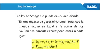Ley de Amagat
La ley deAmagat se puede enunciar diciendo:
“En una mezcla de gases el volumen total que la
mezcla ocupa es igual a la suma de los
volúmenes parciales correspondientes a cada
gas”
T
Ru
n
V
p
T
Ru
n
n
n
v
v
v
p
TOTAL 









 )
(
)
( 3
2
1
3
2
1
 
