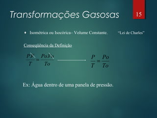 ♦ Isométrica ou Isocórica– Volume Constante. “Lei de Charles”
Conseqüência da Definição
Transformações Gasosas
To
VoPo
T
VP ..
=
To
Po
T
P
=
Ex: Água dentro de uma panela de pressão.
15
 