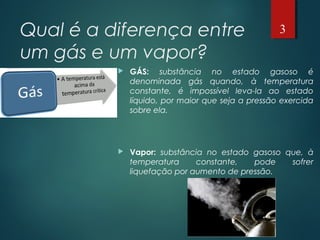 Qual é a diferença entre
um gás e um vapor?
 GÁS: substância no estado gasoso é
denominada gás quando, à temperatura
constante, é impossível leva-la ao estado
líquido, por maior que seja a pressão exercida
sobre ela.
 Vapor: substância no estado gasoso que, à
temperatura constante, pode sofrer
liquefação por aumento de pressão.
3
 