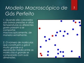 Modelo Macroscópico de
Gás Perfeito
1. Quando são colocados
sob baixas pressões e altas
temperaturas os diferentes
gases passam a se
comportar,
macroscopicamente, de
maneira semelhante.
2. O número de moléculas
que constituem o gás é
muito grande e a
separação média entre as
moléculas é grande se
comparada com suas
dimensões.
5
 