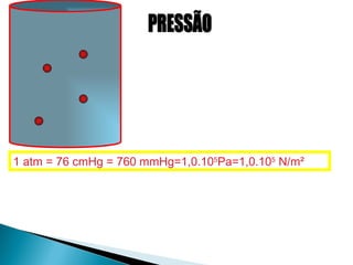 Resulta da
                                        colisão de suas
                                          moléculas
                                        com as paredes
                                         do recipiente



1 atm = 76 cmHg = 760 mmHg=1,0.105Pa=1,0.105 N/m²
 