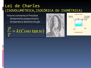 Lei de Charles (ISOVOLUMÉTRICA,ISOCÓRICA OU ISOMÉTRICA) Volume constante;A Pressãoé diretamente proporcional à temperatura absoluta do gás. 