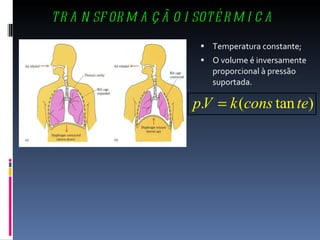 Temperatura constante; O volume é inversamente proporcional à pressão suportada. TRANSFORMAÇÃO ISOTÉRMICA 