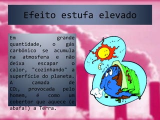 Efeito estufa elevadoEm grande quantidade, o gás carbônico se acumula na atmosfera e não deixa escapar o calor, "cozinhando" a superfície do planeta. A camada de CO2, provocada pelo homem, é como um cobertor que aquece (e abafa!) a Terra.