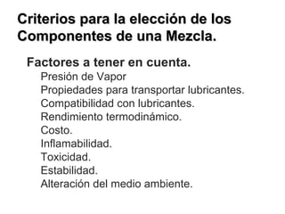 Criterios para la elección de losCriterios para la elección de los
Componentes de una Mezcla.Componentes de una Mezcla.
Factores a tener en cuenta.
Presión de Vapor
Propiedades para transportar lubricantes.
Compatibilidad con lubricantes.
Rendimiento termodinámico.
Costo.
Inflamabilidad.
Toxicidad.
Estabilidad.
Alteración del medio ambiente.
 