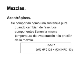 Mezclas.Mezclas.
Azeotrópicas.
Se comportan como una sustancia pura
cuando cambian de fase. Los
componentes tienen la misma
temperatura de evaporación a la presión
de la mezcla.
R-507
50% HFC125 + 50% HFC143a
 