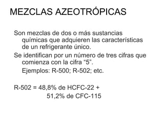 MEZCLAS AZEOTRÓPICAS
Son mezclas de dos o más sustancias
químicas que adquieren las características
de un refrigerante único.
Se identifican por un número de tres cifras que
comienza con la cifra “5”.
Ejemplos: R-500; R-502; etc.
R-502 = 48,8% de HCFC-22 +
51,2% de CFC-115
 