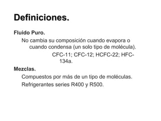 Definiciones.Definiciones.
Fluido Puro.
No cambia su composición cuando evapora o
cuando condensa (un solo tipo de molécula).
CFC-11; CFC-12; HCFC-22; HFC-
134a.
Mezclas.
Compuestos por más de un tipo de moléculas.
Refrigerantes series R400 y R500.
 