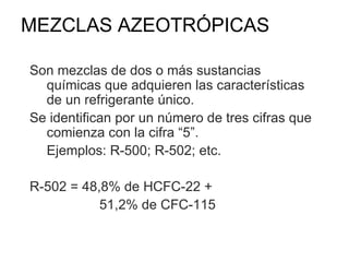 MEZCLAS AZEOTRÓPICAS Son mezclas de dos o más sustancias químicas que adquieren las características de un refrigerante único.  Se identifican por un número de tres cifras que comienza con la cifra “5”. Ejemplos: R-500; R-502; etc. R-502 = 48,8% de HCFC-22 +  51,2% de CFC-115  