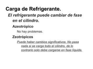Carga de Refrigerante. El refrigerante puede cambiar de fase en el cilindro. Azeotrópico No hay problemas. Zeotrópicos Puede haber cambios significativos. No pasa nada si se carga todo el cilindro, de lo contrario solo debe cargarse en fase líquida. 