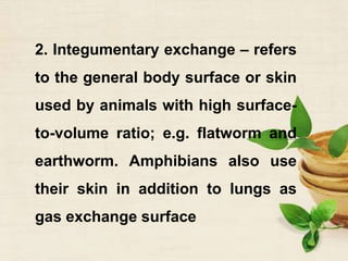2. Integumentary exchange – refers
to the general body surface or skin
used by animals with high surface-
to-volume ratio; e.g. flatworm and
earthworm. Amphibians also use
their skin in addition to lungs as
gas exchange surface
 