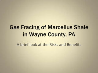 Gas Fracing of Marcellus Shalein Wayne County, PA A brief look at the Risks and Benefits 