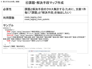 ④課題・解決手段マップ作成
19
必要性 課題と解決手段のクロス集計する（ために、文献１件
毎に「課題」と「解決手段」を抽出したい）
利用関数 create_tagging_chain
create_tagging_chain_pydantic
サンプル
schema = {
"properties": {
"課題": {"type": "string","description":"発明が解決しようとする課題を抽出"
,"enum":["生産性","滋養強壮","ダイエット","安全性","抗酸化","血中脂質改善、血圧降下","美容"]},
"解決手段": {"type": "string","description":"課題を解決するための方法や手段を抽出"
,"enum":["製造-酵素処理","製造-造粒・成形","製造-粉砕","製造-発酵","製造-混合・攪拌","製造-洗浄","製造-化学的処理","
製造-加熱","製造-分離抽出","製造-冷却","製造-乾燥","製造-その他"]},
"効果": {"type": "string","description":"発明によるメリットや効果"
},
},
"required": ["課題", "解決手段"],}
chain = create_tagging_chain(schema=schema, llm=llm)
５．使えそうなもの探し（実験）
 