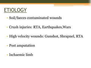 ETIOLOGY
• Soil/faeces contaminated wounds
• Crush injuries: RTA, Earthquakes,Wars
• High velocity wounds: Gunshot, Shrapnel, RTA
• Post amputation
• Ischaemic limb
 