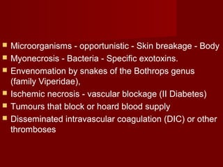  Microorganisms - opportunistic - Skin breakage - Body
 Myonecrosis - Bacteria - Specific exotoxins.
 Envenomation by snakes of the Bothrops genus
(family Viperidae),
 Ischemic necrosis - vascular blockage (II Diabetes)
 Tumours that block or hoard blood supply
 Disseminated intravascular coagulation (DIC) or other
thromboses
 