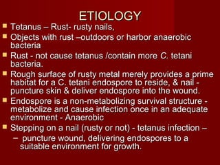 ETIOLOGYETIOLOGY
 Tetanus – Rust- rusty nails,Tetanus – Rust- rusty nails,
 Objects with rust –outdoors or harbor anaerobicObjects with rust –outdoors or harbor anaerobic
bacteriabacteria
 Rust - not cause tetanus /contain moreRust - not cause tetanus /contain more C. C. tetanitetani
bacteria.bacteria.
 Rough surface of rusty metal merely provides a primeRough surface of rusty metal merely provides a prime
habitat for a C. tetani endospore to reside, & nail -habitat for a C. tetani endospore to reside, & nail -
puncture skin & deliver endospore into the wound.puncture skin & deliver endospore into the wound.
 Endospore is a non-metabolizing survival structure -Endospore is a non-metabolizing survival structure -
metabolize and cause infection once in an adequatemetabolize and cause infection once in an adequate
environment - Anaerobicenvironment - Anaerobic
 Stepping on a nail (rusty or not) - tetanus infection –Stepping on a nail (rusty or not) - tetanus infection –
– puncture wound, delivering endospores to apuncture wound, delivering endospores to a
suitable environment for growth.suitable environment for growth.
 