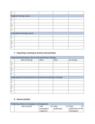 5
Regional training courses
1
2
3
4
5
International training courses
1
2
3
4
5
7- Organizing or teaching at seminars and workshops
Organizational/teaching roles at local workshops/ trainings
Title of training Place Date No of days
1
2
3
4
5
Organizational/ teaching roles at international workshops/ trainings
1
2
3
4
5
8- General activities
Publishing articles at newspapers and magazines
Title of article Title of
newspaper/
magazines
Date of
publication
Place of
publication of the
newspaper/
 