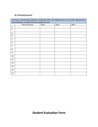 10- Volunteering work
List these volunteering activities conducted with civil organizations, non-profit organizations
and syndicates, as well as free consultation work.
Title of activity Place Date Note
1
2
3
4
5
6
7
8
9
10
11
12
13
14
15
Student Evaluation Form
 